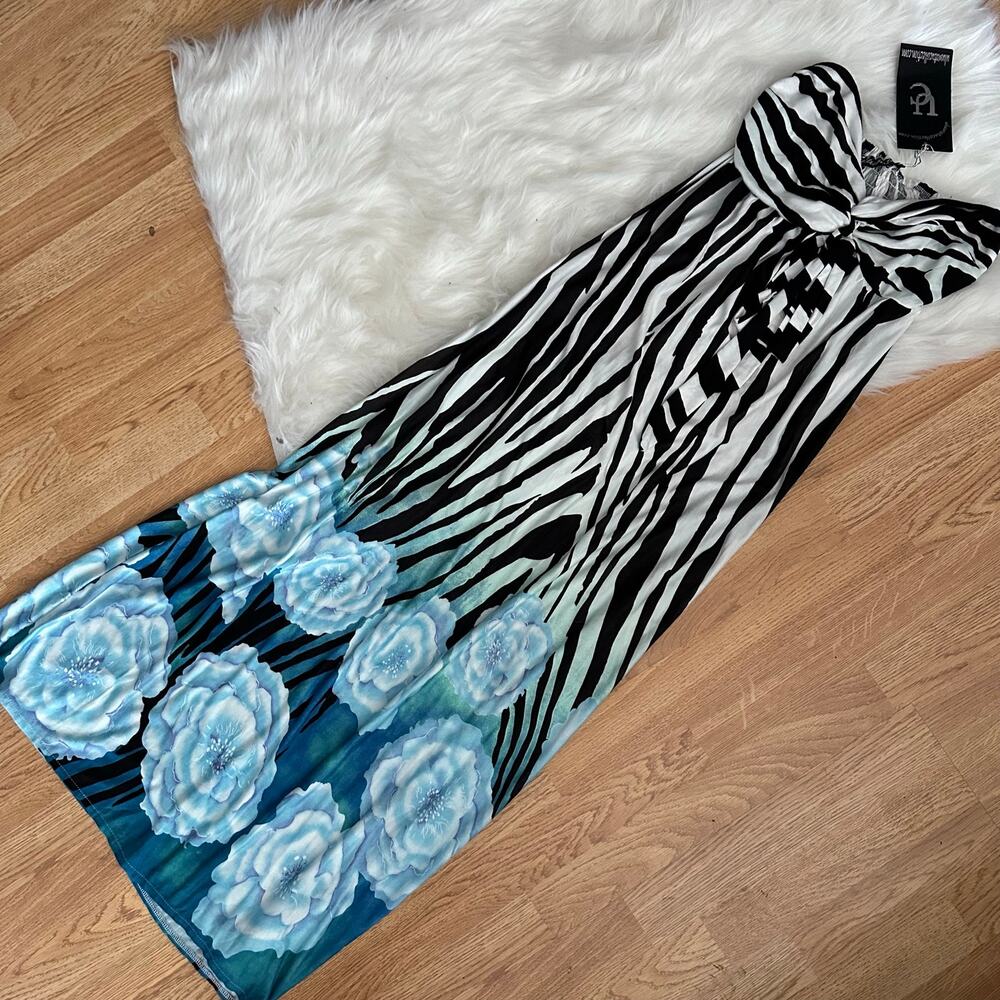 Y2K Zebra Floral Cutout Maxi Dress Blue Rose Strapless Glam Deadstock
